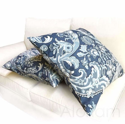 Kravet Lorton Blue White Damask Print Linen Pillow Cover Cushion Pillow Case Euro Sham 16x16 18x18 20x20 22x22 24x24 26x26 28x28 Lumbar Pillow 12x18 12x20 12x24 14x20 16x26 by Aloriam