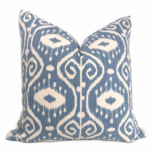 Kubla Denim Blue Cream Ikat Ethnic Print Pillow Cover - Aloriam