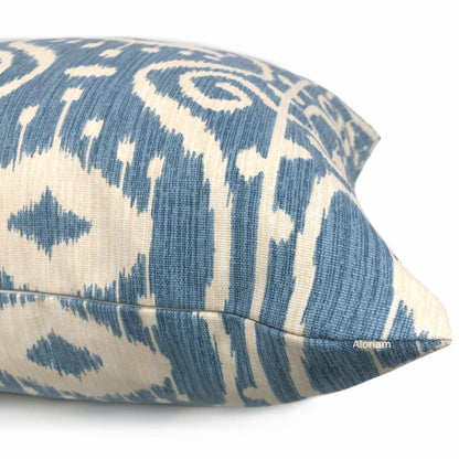 Kubla Denim Blue Cream Ikat Ethnic Print Pillow Cover - Aloriam