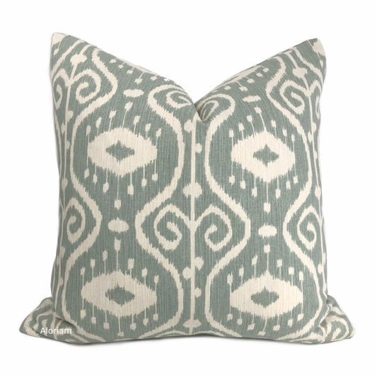 Kubla Spa Green Cream Ikat Ethnic Print Pillow Cover - Aloriam