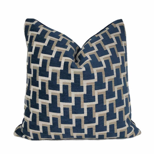 Latimer Navy Blue Taupe Geometric Blocks Pillow Cover - Aloriam