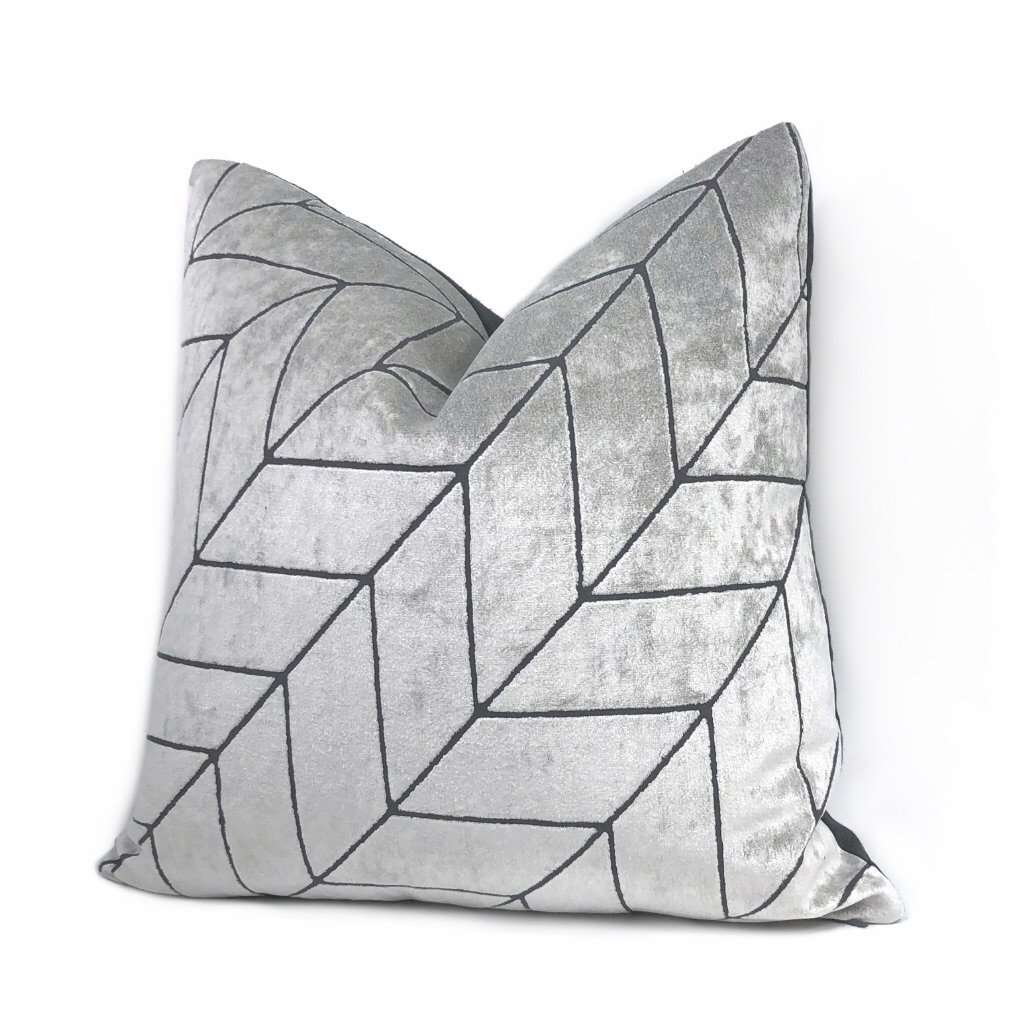 Leyland Silver Gray Diagonal Chevron Velvet Pillow Cover Cushion Pillow Case Euro Sham 16x16 18x18 20x20 22x22 24x24 26x26 28x28 Lumbar Pillow 12x18 12x20 12x24 14x20 16x26 by Aloriam