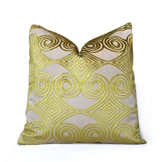 Designer Lime Green Gold Beige Cut Velvet Scrollwork Geometric Pillow Cover