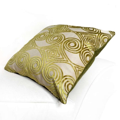 Designer Lime Green Gold Beige Cut Velvet Scrollwork Geometric Pillow Cover