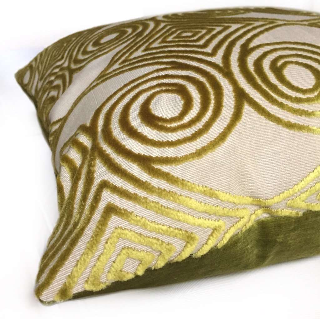 Designer Lime Green Gold Beige Cut Velvet Scrollwork Geometric Pillow Cover