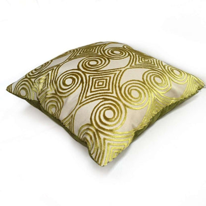 Designer Lime Green Gold Beige Cut Velvet Scrollwork Geometric Pillow Cover