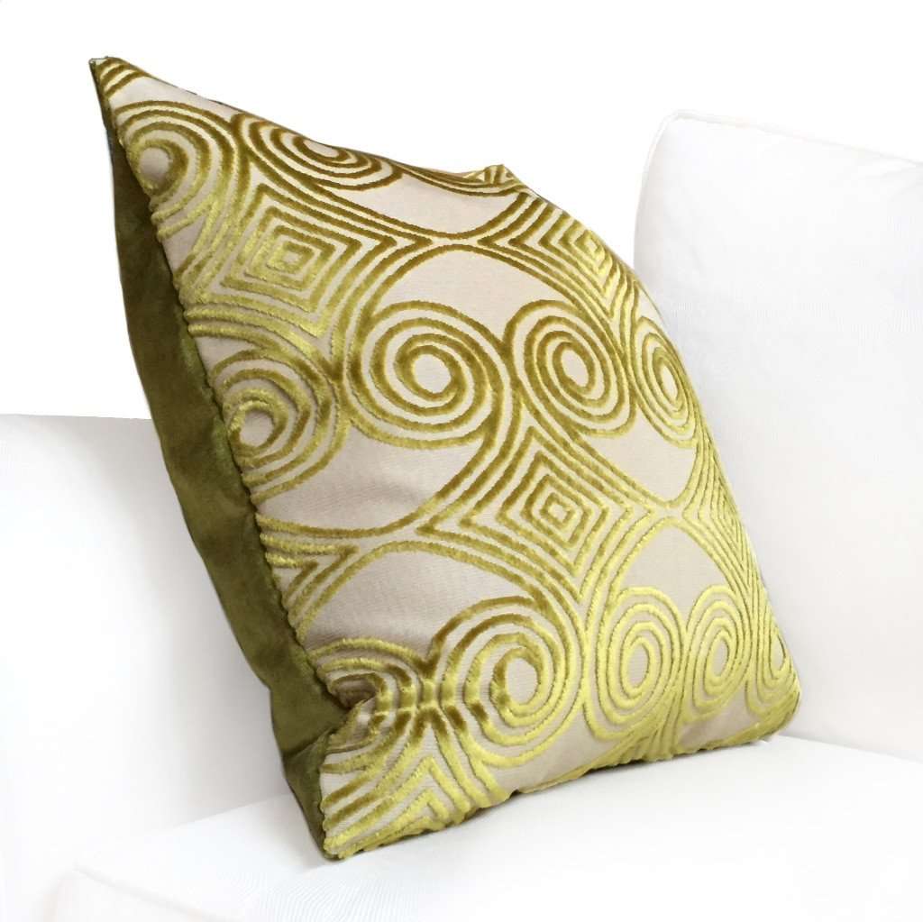 Designer Lime Green Gold Beige Cut Velvet Scrollwork Geometric Pillow Cover