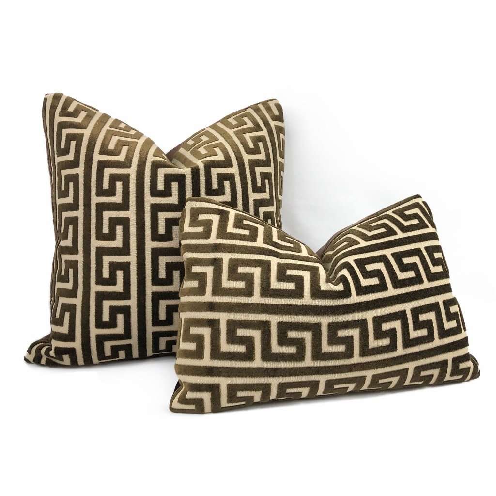 Logan Brown Greek Key Stripe Cut Velvet Pillow Cover Cushion Pillow Case Euro Sham 16x16 18x18 20x20 22x22 24x24 26x26 28x28 Lumbar Pillow 12x18 12x20 12x24 14x20 16x26 by Aloriam