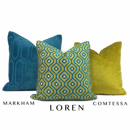 Loren Teal Blue-Green Chartreuse Geometric Cut Velvet Pillow Cover - Aloriam