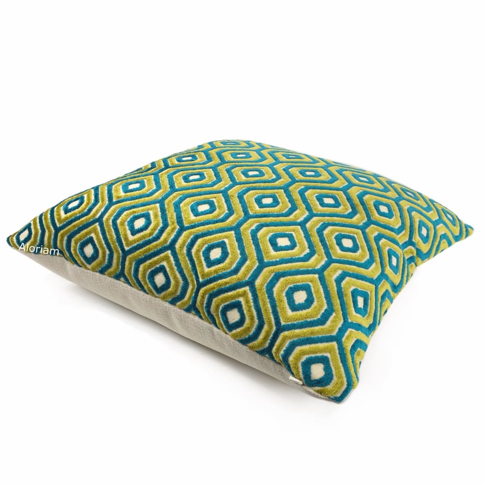 Loren Teal Blue-Green Chartreuse Geometric Cut Velvet Pillow Cover - Aloriam