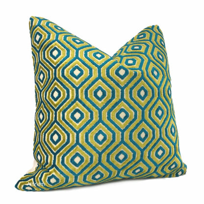 Loren Teal Blue-Green Chartreuse Geometric Cut Velvet Pillow Cover - Aloriam