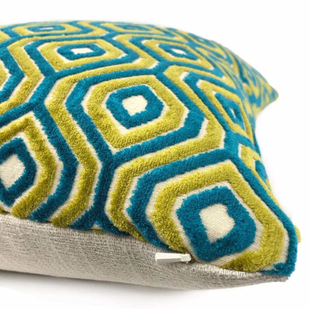 Loren Teal Blue-Green Chartreuse Geometric Cut Velvet Pillow Cover - Aloriam