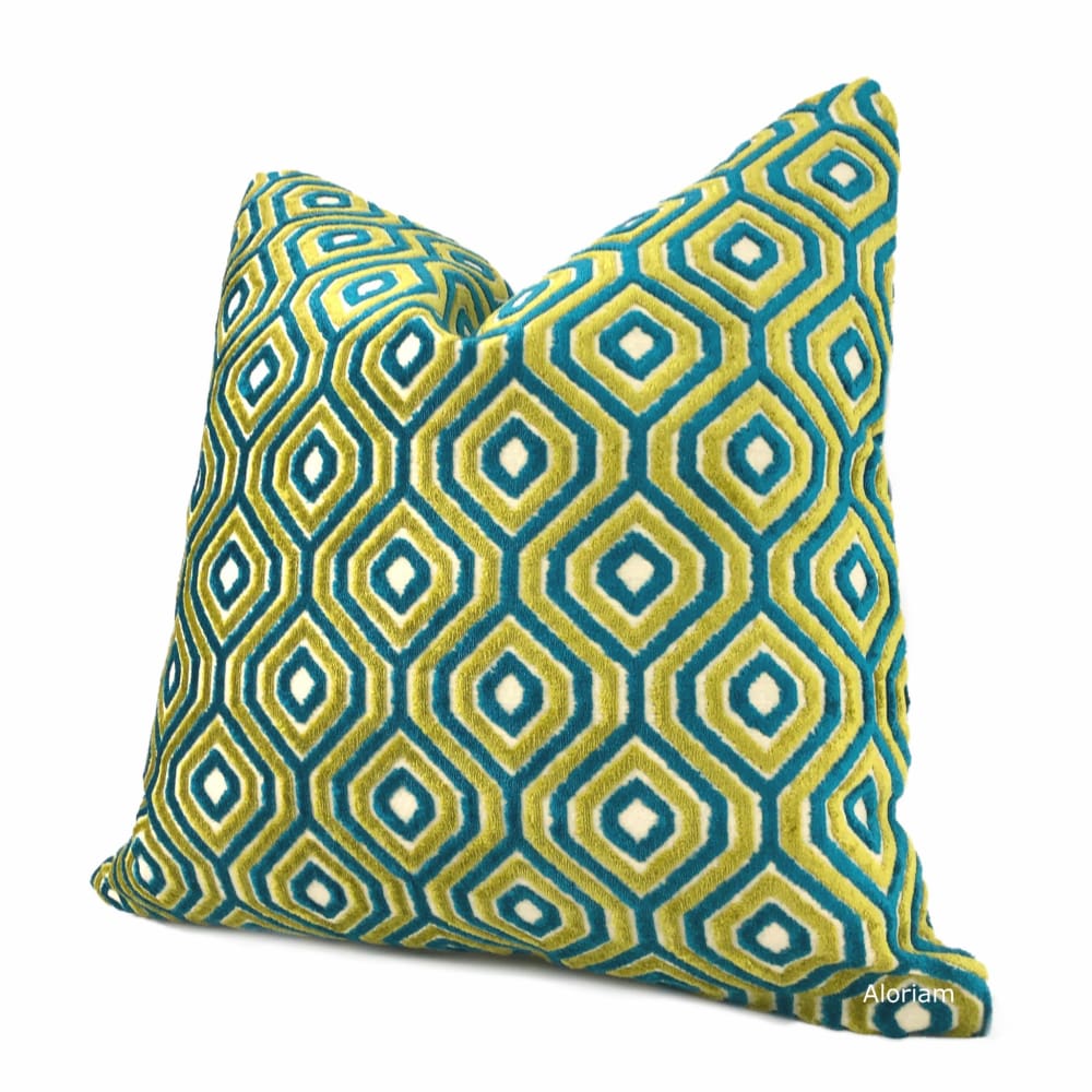 Aloriam Loren Teal Blue Green Chartreuse Geometric Cut Velvet Pillow Cover Fits 14x26 Insert 13x25 Cover Limit 2