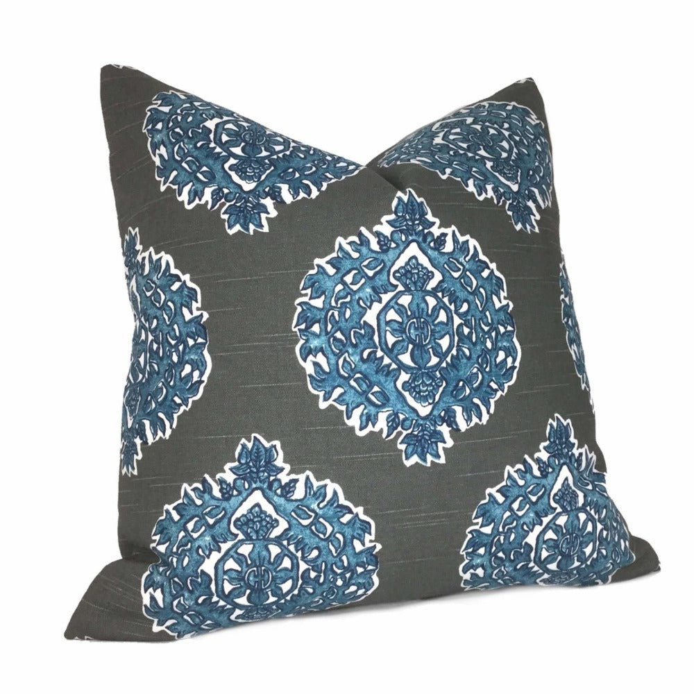 Madras Blue Gray Ethnic Motif Pillow Cover (Made from Lacefield Designs fabric) Cushion Pillow Case Euro Sham 16x16 18x18 20x20 22x22 24x24 26x26 28x28 Lumbar Pillow 12x18 12x20 12x24 14x20 16x26 by Aloriam