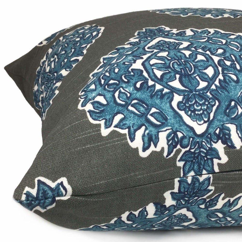 Madras Blue Gray Ethnic Motif Pillow Cover (Made from Lacefield Designs fabric) Cushion Pillow Case Euro Sham 16x16 18x18 20x20 22x22 24x24 26x26 28x28 Lumbar Pillow 12x18 12x20 12x24 14x20 16x26 by Aloriam