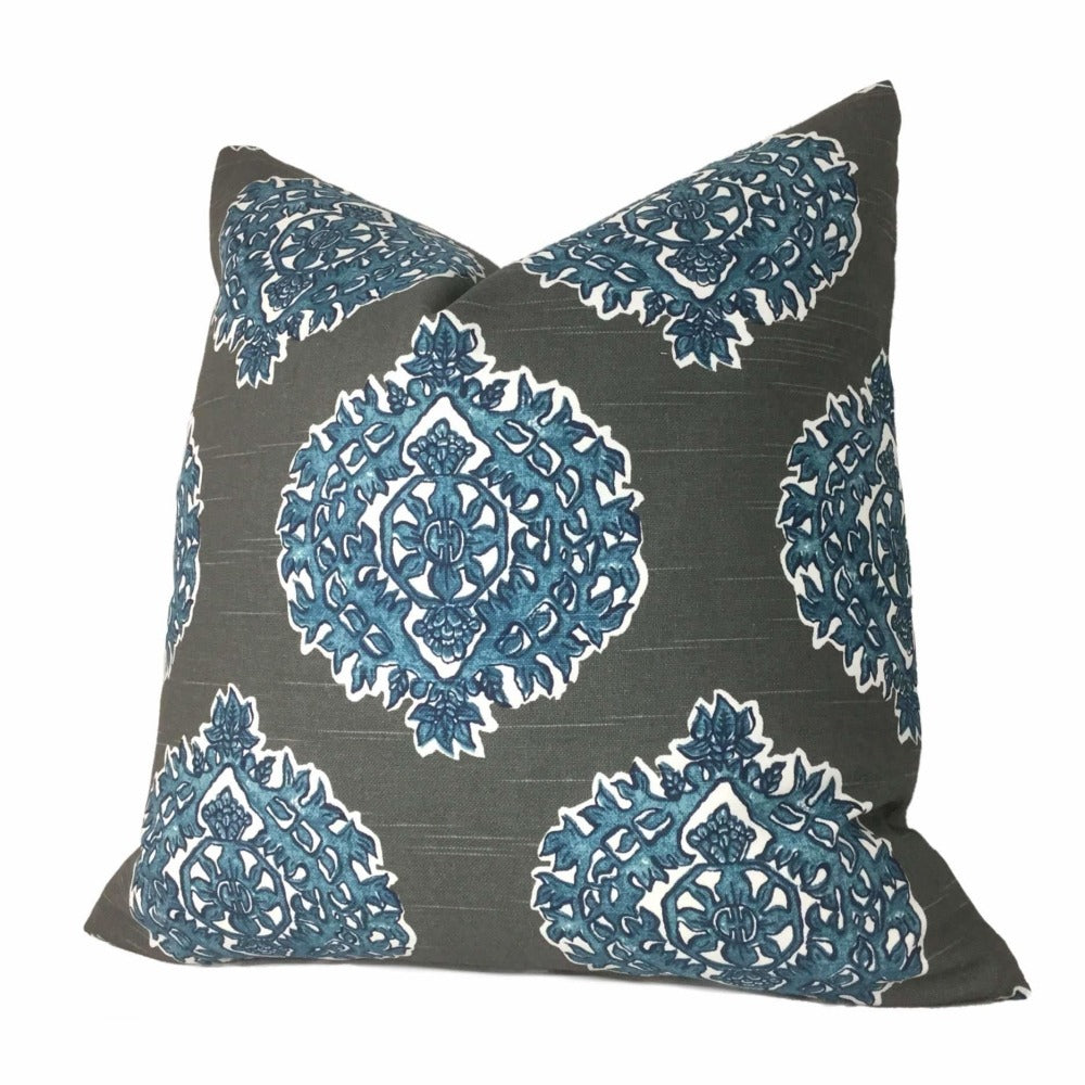 Madras Blue Gray Ethnic Motif Pillow Cover (Made from Lacefield Designs fabric) Cushion Pillow Case Euro Sham 16x16 18x18 20x20 22x22 24x24 26x26 28x28 Lumbar Pillow 12x18 12x20 12x24 14x20 16x26 by Aloriam