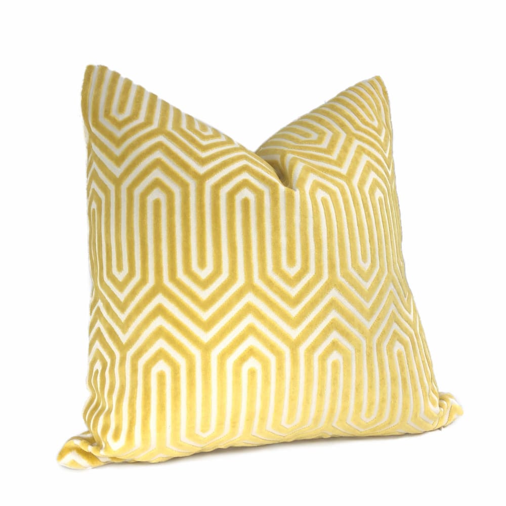 Maestro Geometric Buttercup Yellow Cut Velvet Pillow Cover - Aloriam