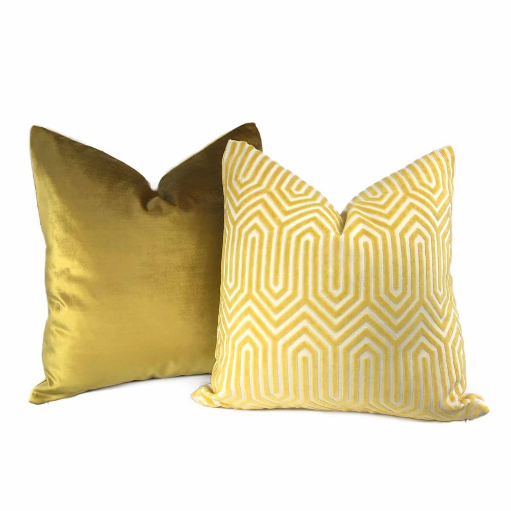 Maestro Geometric Buttercup Yellow Cut Velvet Pillow Cover - Aloriam