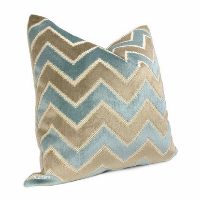 Malibu Robins Egg Blue & Taupe Beige Velvet Chevron Pillow Cover - Aloriam