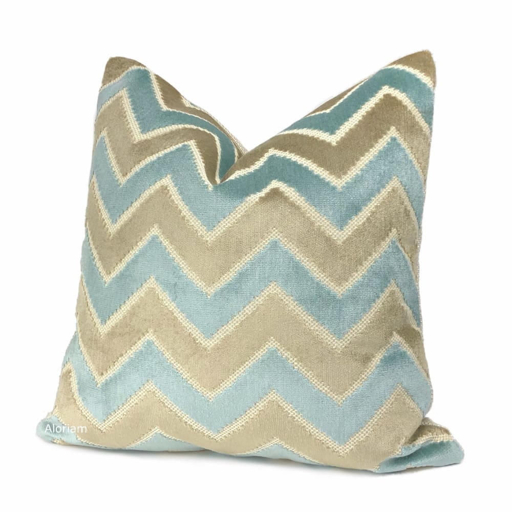 Malibu Robins Egg Blue & Taupe Beige Velvet Chevron Pillow Cover - Aloriam