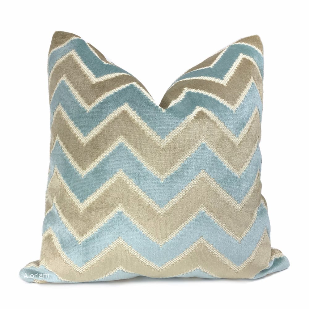 Malibu Robins Egg Blue & Taupe Beige Velvet Chevron Pillow Cover - Aloriam