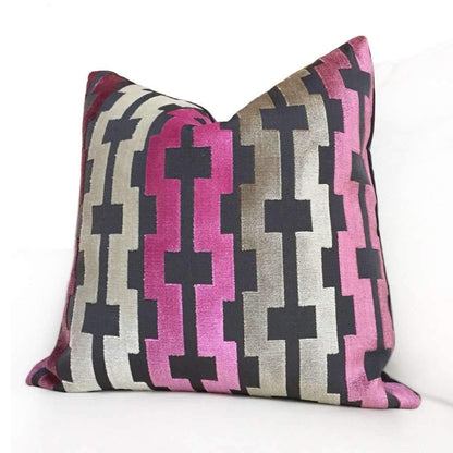 Pink Cream Taupe Gray Modern Velvet Geometric Stripe Pillow Cover