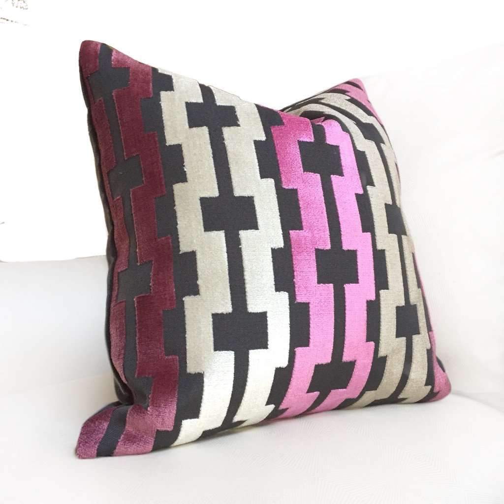 Pink Cream Taupe Gray Modern Velvet Geometric Stripe Pillow Cover by Aloriam