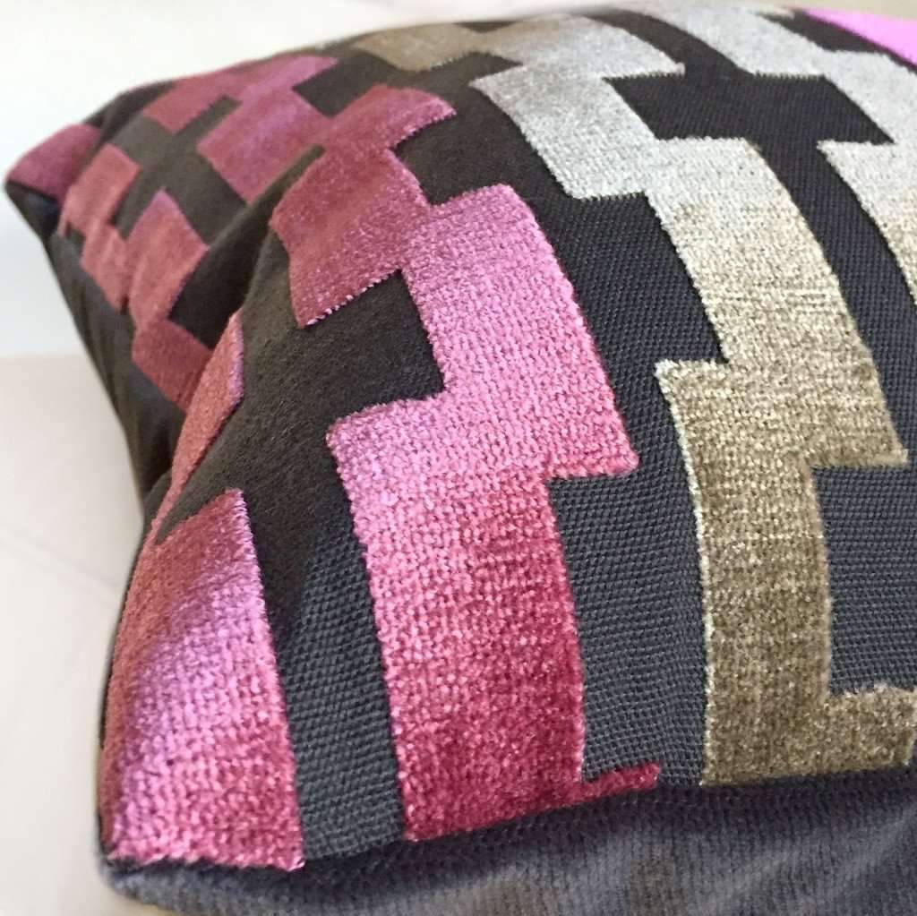 Pink Cream Taupe Gray Modern Velvet Geometric Stripe Pillow Cover by Aloriam