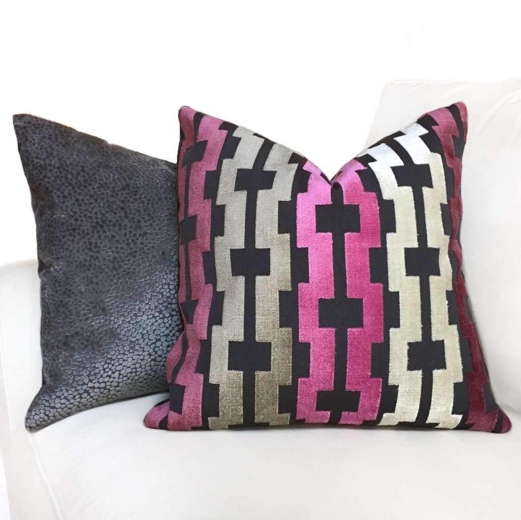 Pink Cream Taupe Gray Modern Velvet Geometric Stripe Pillow Cover by Aloriam