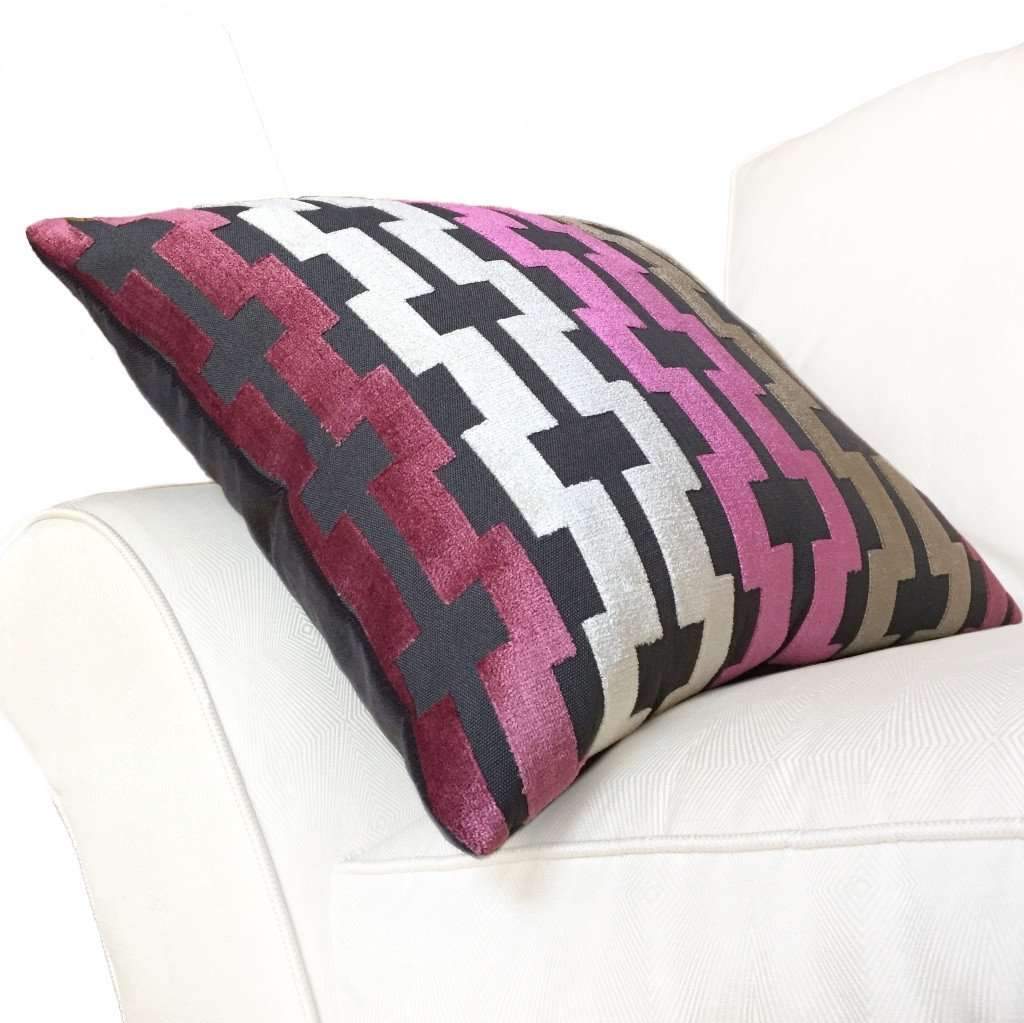 Pink Cream Taupe Gray Modern Velvet Geometric Stripe Pillow Cover by Aloriam