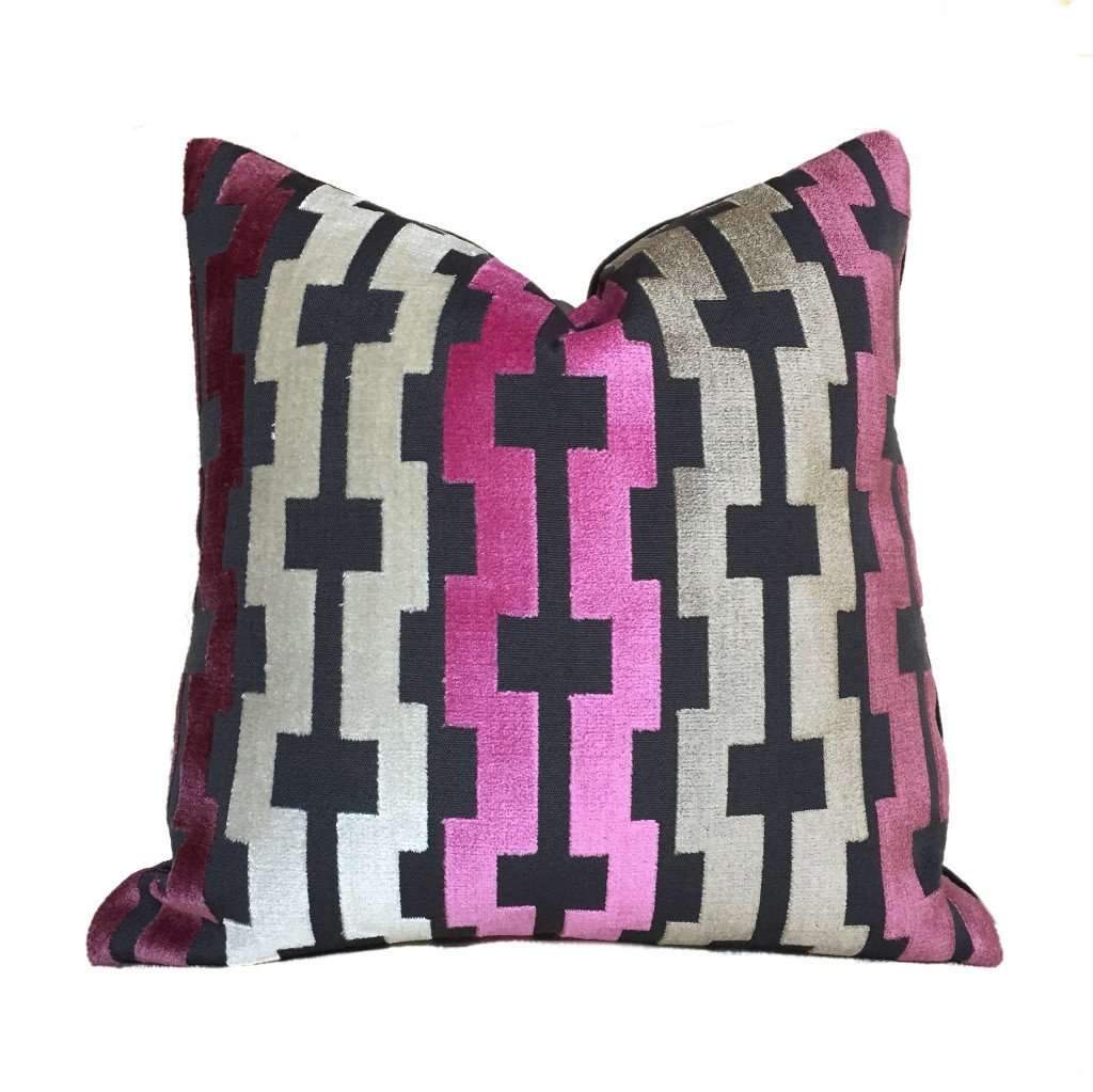 Pink Cream Taupe Gray Modern Velvet Geometric Stripe Pillow Cover by Aloriam