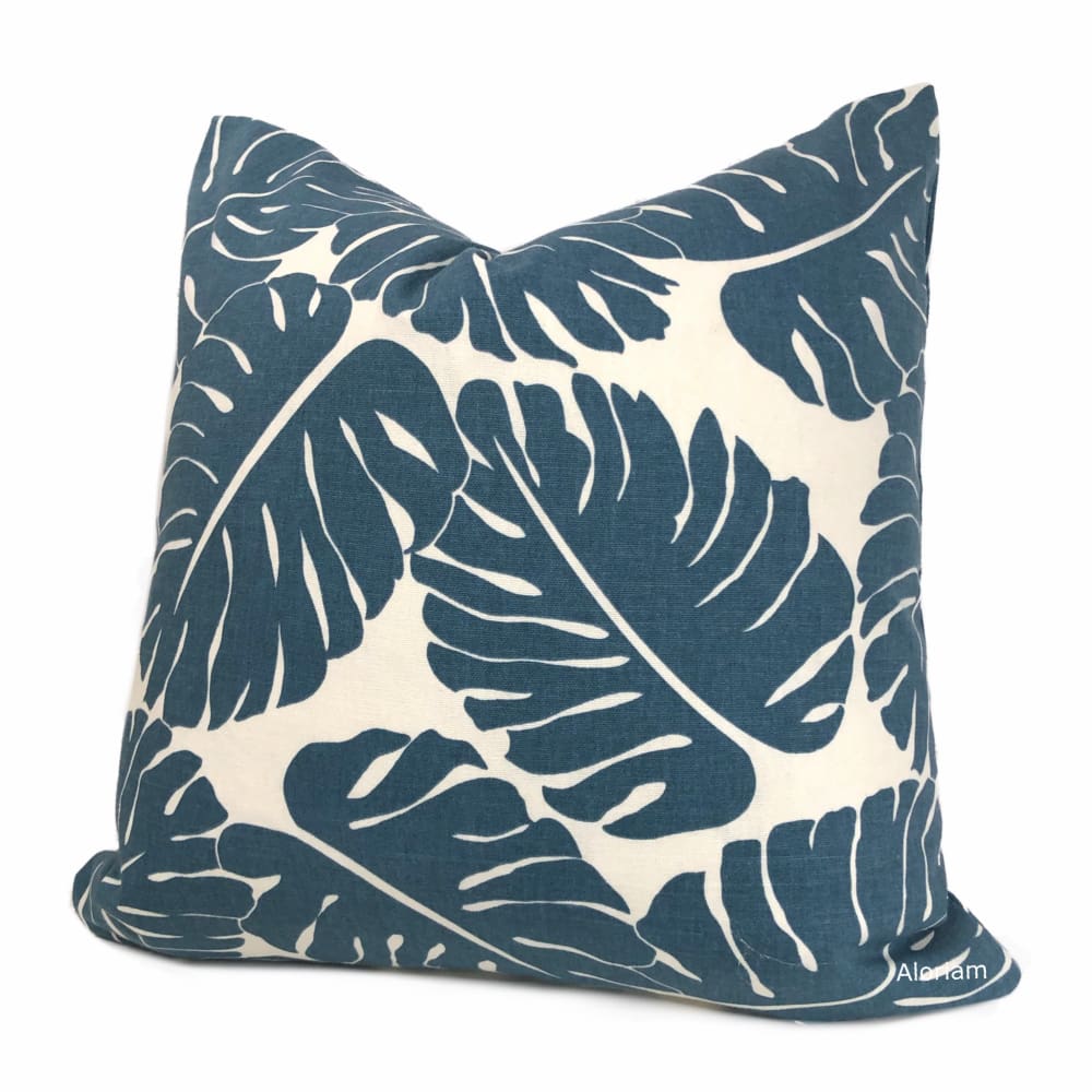 Martinique Dark Blue Modern Palm Leaf Print Pillow Cover - Aloriam