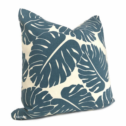 Martinique Dark Blue Modern Palm Leaf Print Pillow Cover - Aloriam