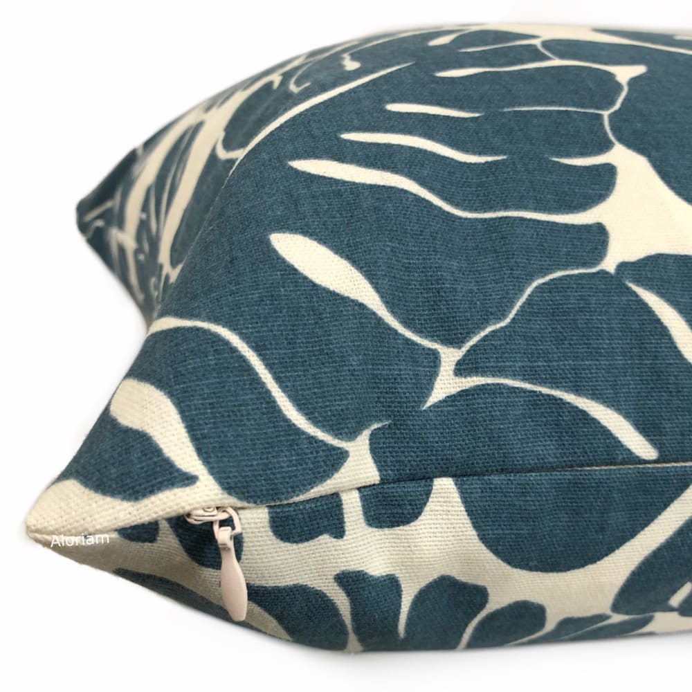 Martinique Dark Blue Modern Palm Leaf Print Pillow Cover - Aloriam