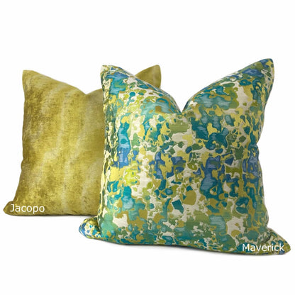 Maverick Turquoise Blue Chartreuse Silk Linen Abstract Pillow Cover - Aloriam