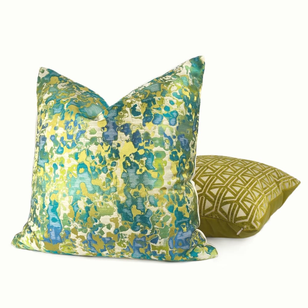 Maverick Turquoise Blue Chartreuse Silk Linen Abstract Pillow Cover - Aloriam