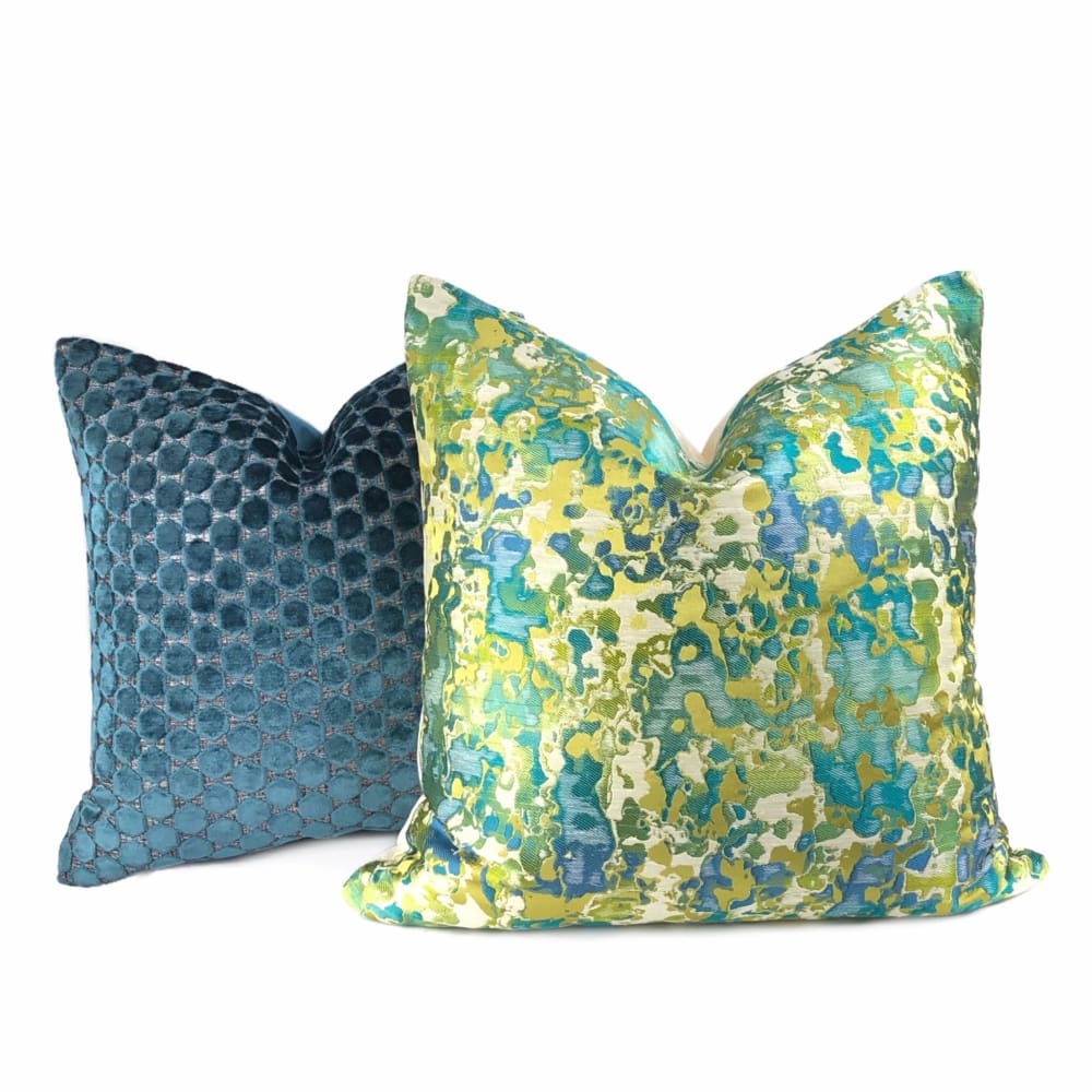 Maverick Turquoise Blue Chartreuse Silk Linen Abstract Pillow Cover - Aloriam