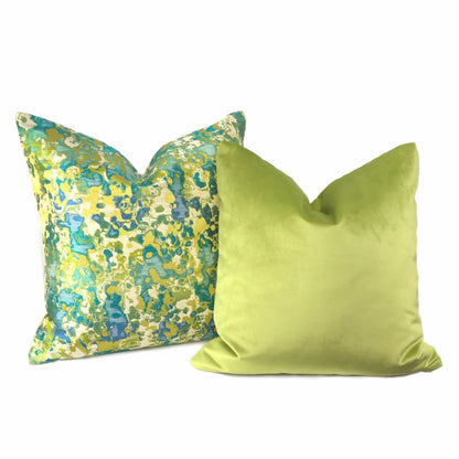 Maverick Turquoise Blue Chartreuse Silk Linen Abstract Pillow Cover - Aloriam