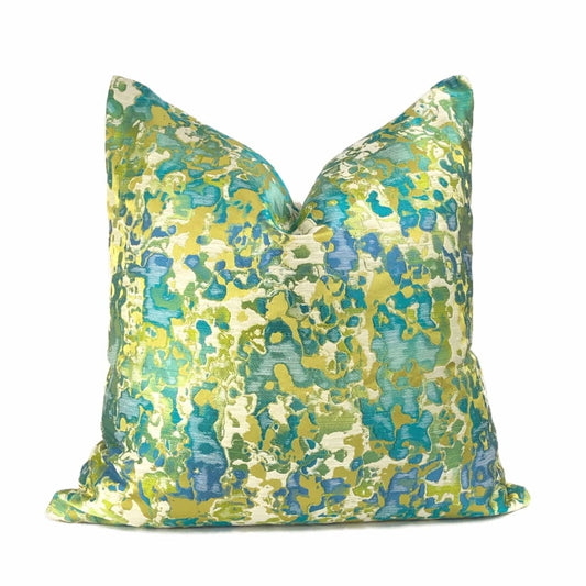 Maverick Turquoise Blue Chartreuse Silk Linen Abstract Pillow Cover - Aloriam