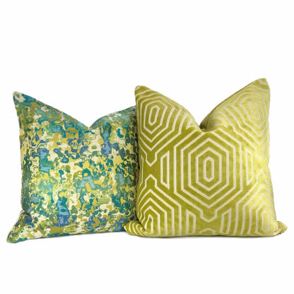 Maverick Turquoise Blue Chartreuse Silk Linen Abstract Pillow Cover - Aloriam