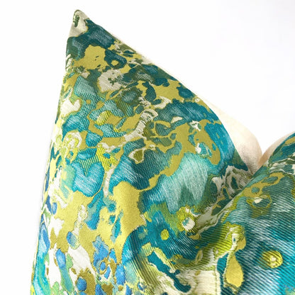 Maverick Turquoise Blue Chartreuse Silk Linen Abstract Pillow Cover - Aloriam