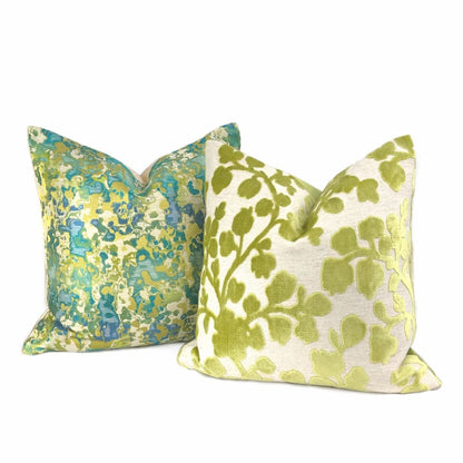 Maverick Turquoise Blue Chartreuse Silk Linen Abstract Pillow Cover - Aloriam