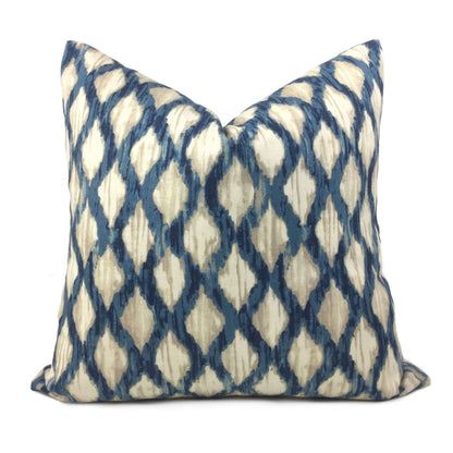 Meera Blue Beige Ikat Trellis Cotton Print Pillow Cover Cushion Pillow Case Euro Sham 16x16 18x18 20x20 22x22 24x24 26x26 28x28 Lumbar Pillow 12x18 12x20 12x24 14x20 16x26 by Aloriam