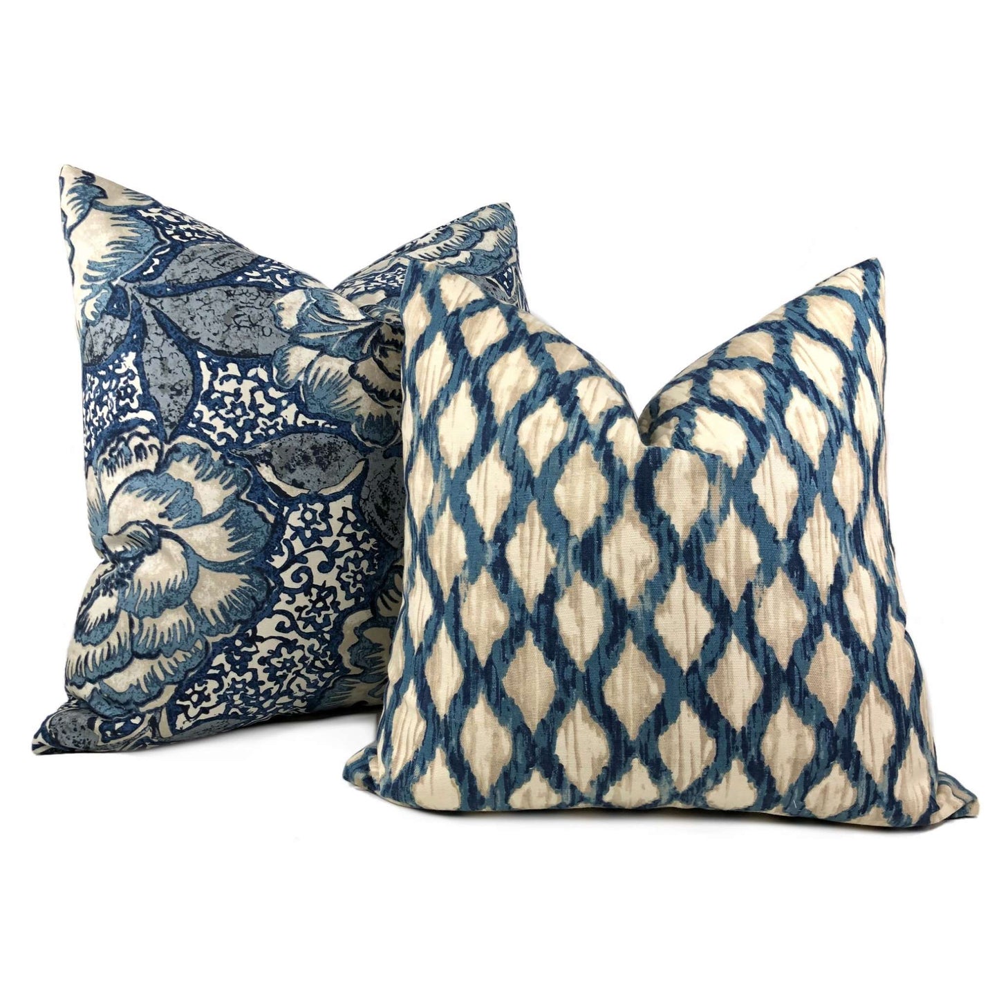 Meera Blue Beige Ikat Trellis Cotton Print Pillow Cover Cushion Pillow Case Euro Sham 16x16 18x18 20x20 22x22 24x24 26x26 28x28 Lumbar Pillow 12x18 12x20 12x24 14x20 16x26 by Aloriam