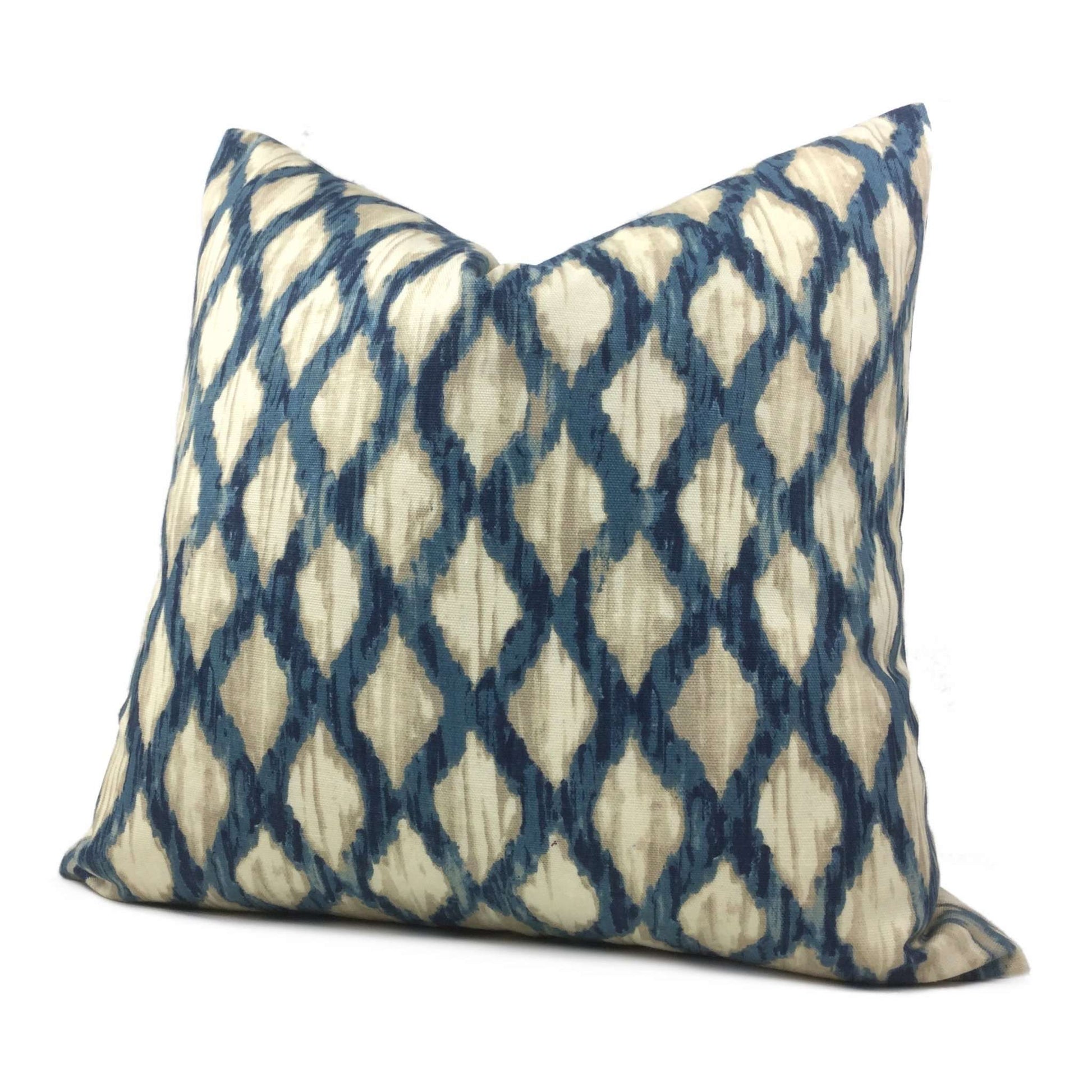 Meera Blue Beige Ikat Trellis Cotton Print Pillow Cover Cushion Pillow Case Euro Sham 16x16 18x18 20x20 22x22 24x24 26x26 28x28 Lumbar Pillow 12x18 12x20 12x24 14x20 16x26 by Aloriam