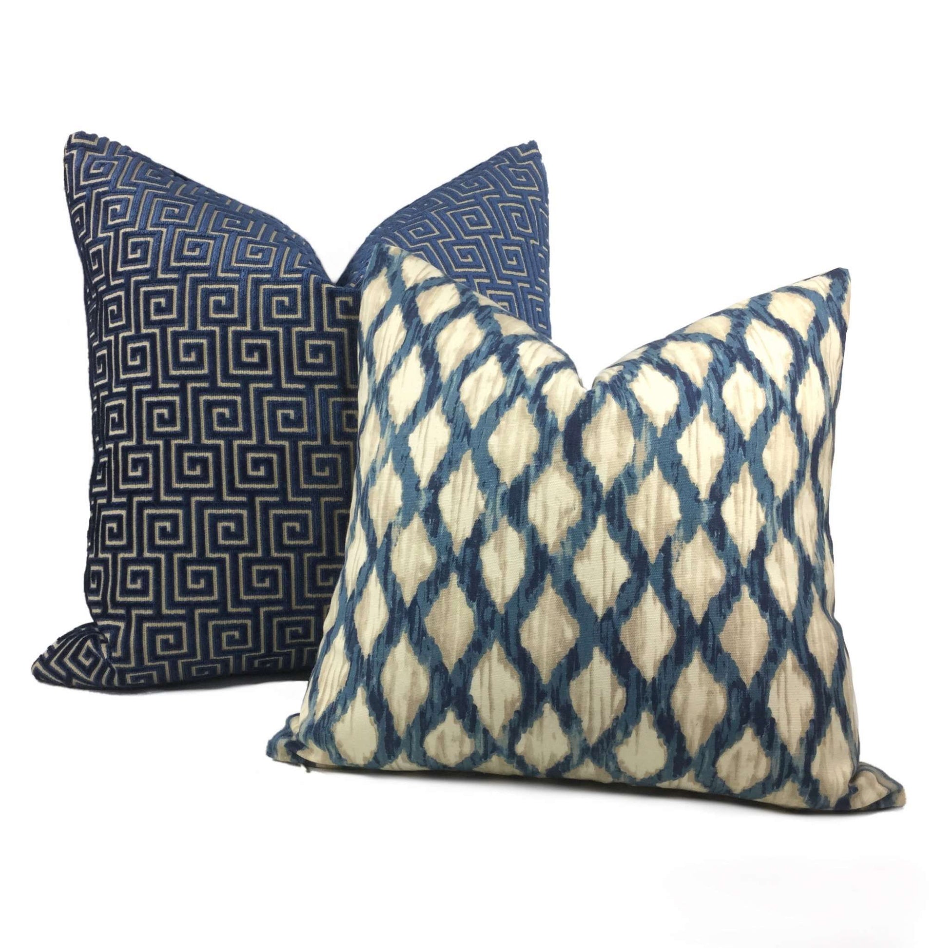 Meera Blue Beige Ikat Trellis Cotton Print Pillow Cover Cushion Pillow Case Euro Sham 16x16 18x18 20x20 22x22 24x24 26x26 28x28 Lumbar Pillow 12x18 12x20 12x24 14x20 16x26 by Aloriam