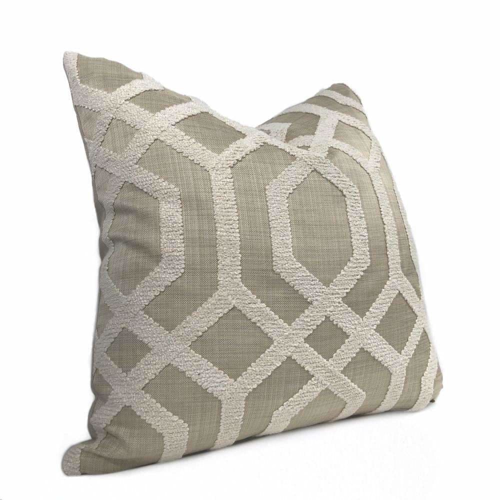 Merritt Cream & Tan Boucle Embroidered Geometric Lattice Pillow Cover - Aloriam