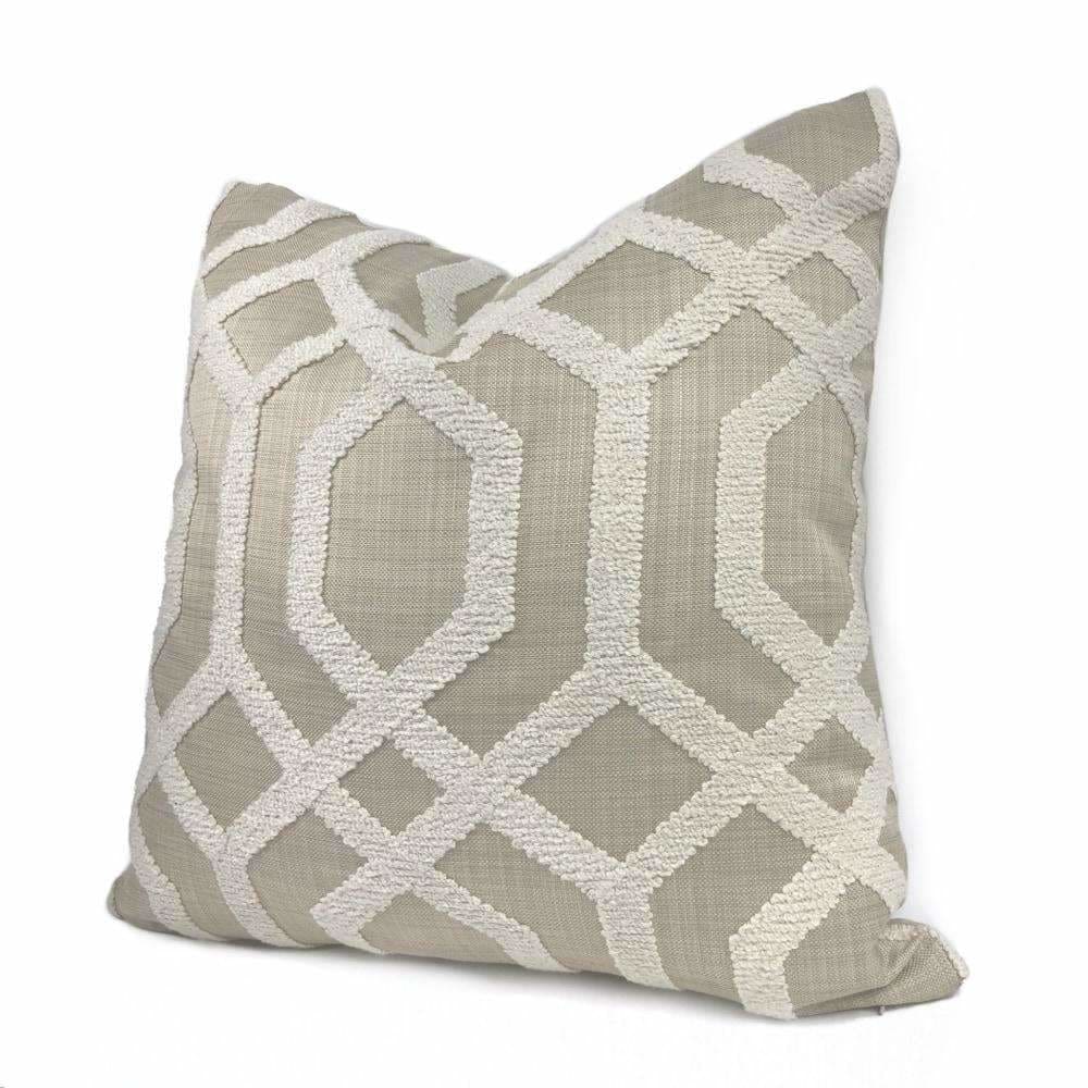 Merritt Cream & Tan Boucle Embroidered Geometric Lattice Pillow Cover - Aloriam