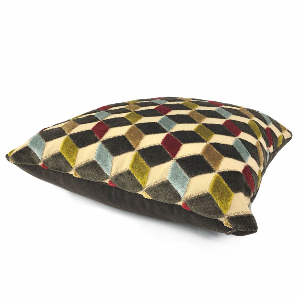 Metropol Geometric Cut Velvet Cubes Brown Red Blue Beige Pillow Cover - Aloriam