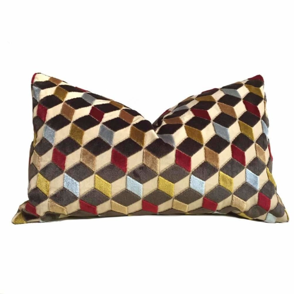 Metropol Geometric Cut Velvet Cubes Brown Red Blue Beige Pillow Cover - Aloriam